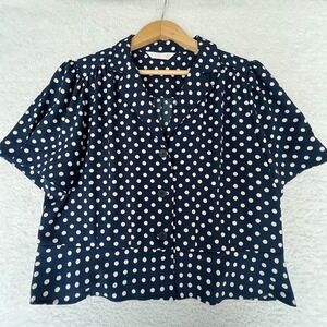 Polka Dot Peplum Blouse Womens XL Navy White Retro Cottagecore Button Front Top